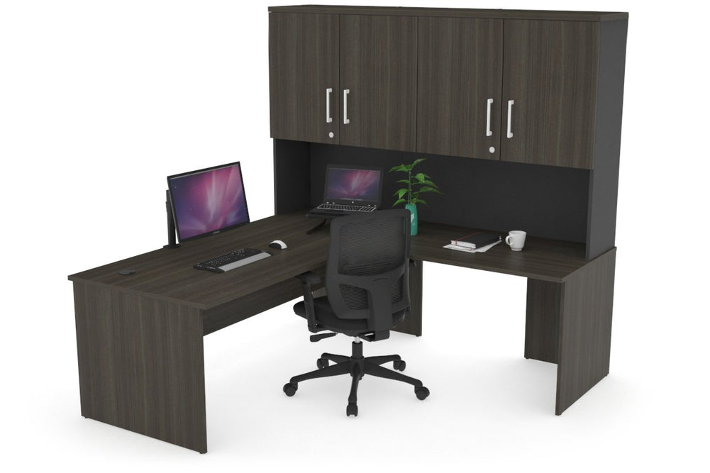 Uniform Panel Return Desk - Hutch with Doors [1600L x 1600W]-Black dark oak white handle