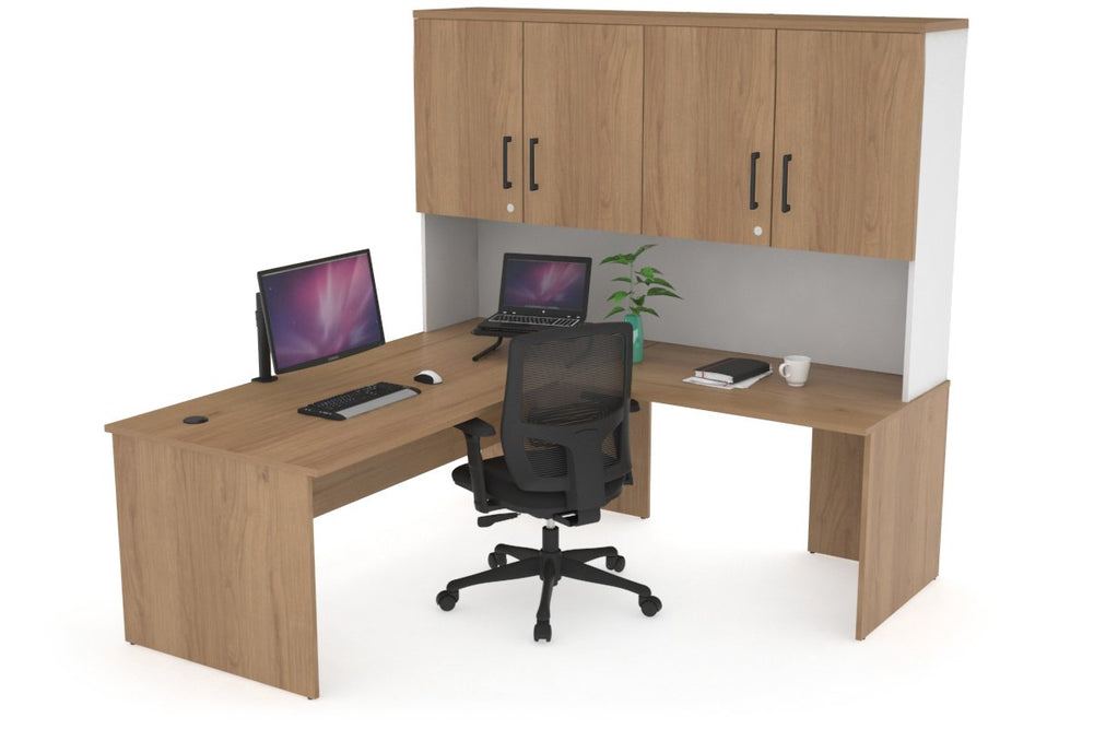 Uniform Panel Return Desk - Hutch with Doors [1600L x 1600W]-White salvage oak black handle