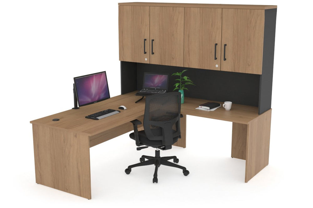 Uniform Panel Return Desk - Hutch with Doors [1600L x 1600W]-Black salvage oak black handle
