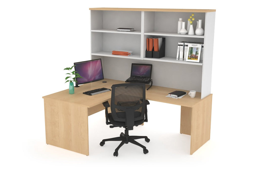 Uniform Panel Return Office Desk with Open Hutch [1200L x 1600W]-White maple none