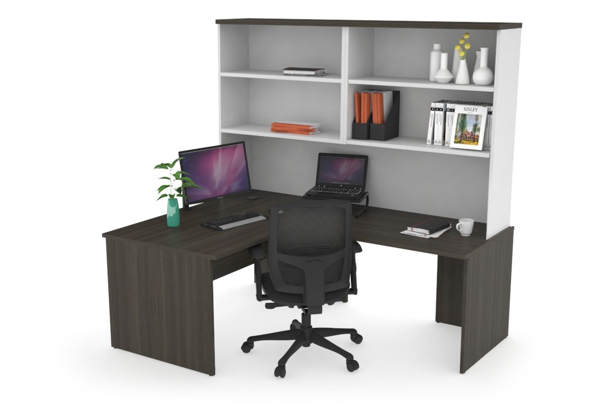 Uniform Panel Return Desk with Open Hutch [1200L x 1600W] Jasonl White dark oak white laminate