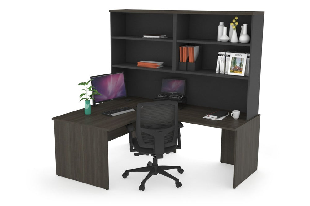 Uniform Panel Return Office Desk with Open Hutch [1200L x 1600W]-Black dark oak none