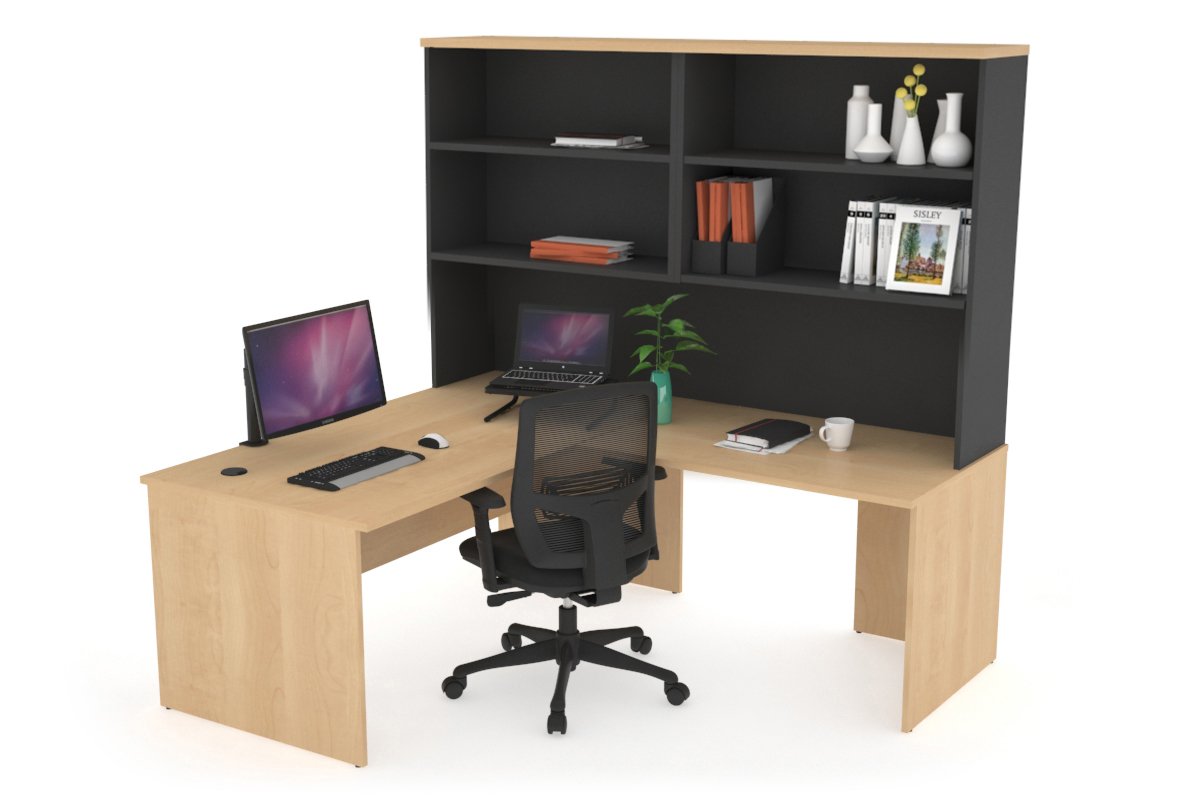 Uniform Panel Return Desk with Open Hutch [1400L x 1600W] Jasonl Black maple none