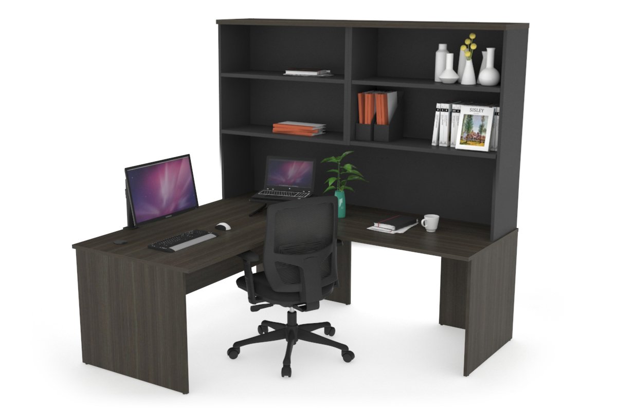 Uniform Panel Return Desk with Open Hutch [1400L x 1600W] Jasonl Black dark oak none