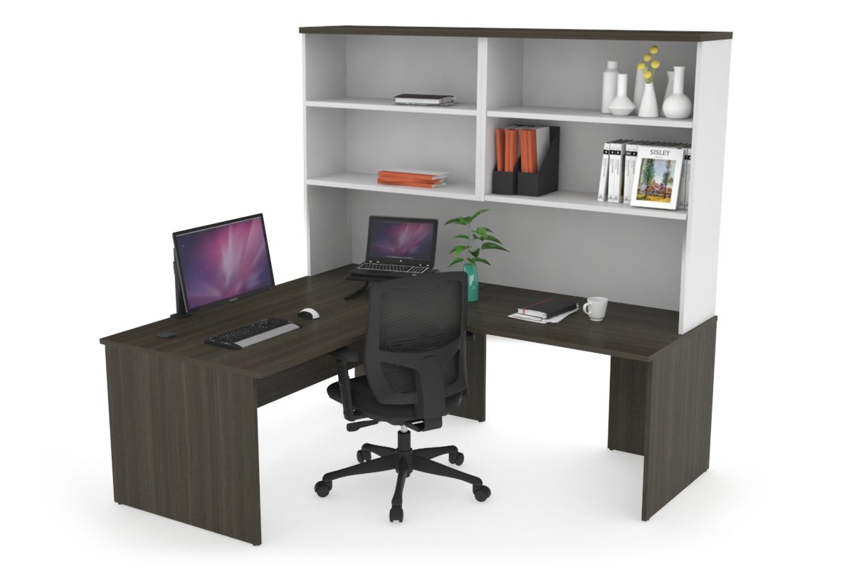 Uniform Panel Return Desk with Open Hutch [1400L x 1600W] Jasonl White dark oak none