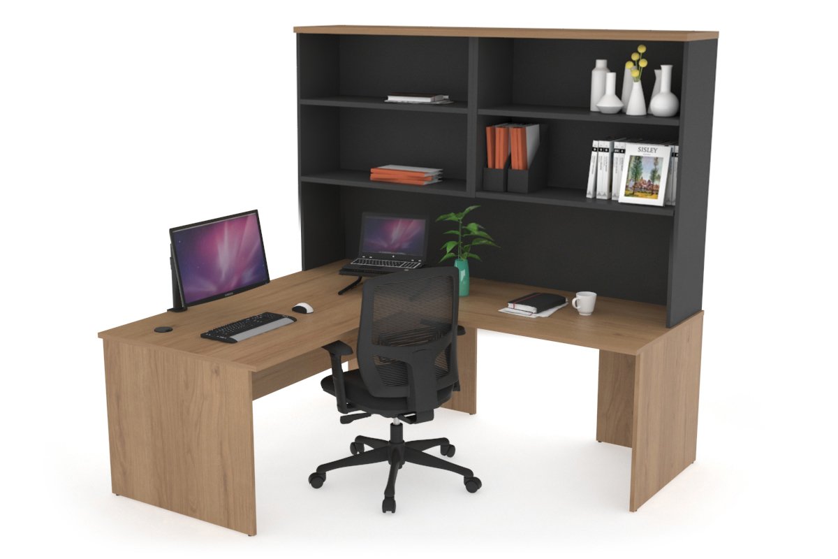 Uniform Panel Return Desk with Open Hutch [1400L x 1600W] Jasonl Black salvage oak none