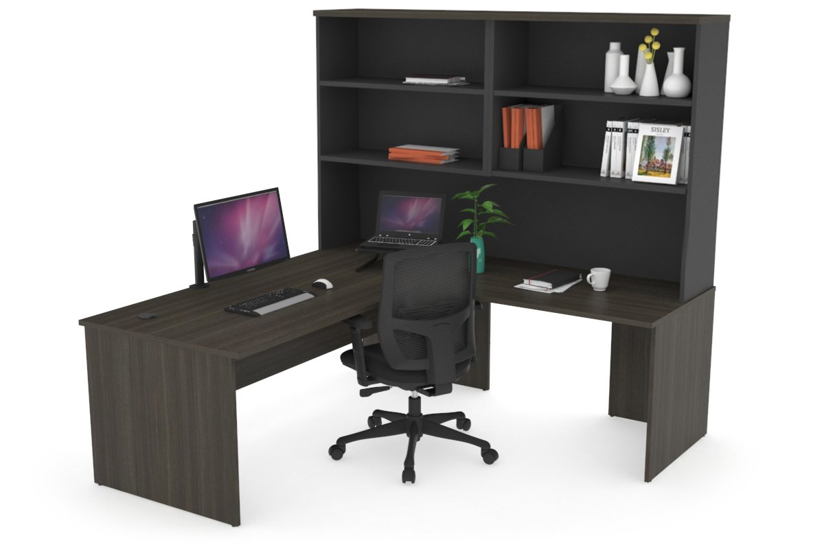 Uniform Panel Return Desk with Open Hutch [1600L x 1600W] Jasonl Black dark oak none