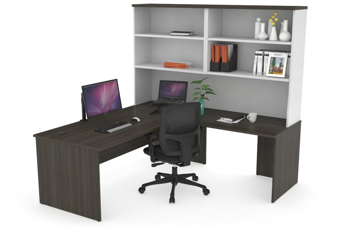 Uniform Panel Return Desk with Open Hutch [1600L x 1600W]-White dark oak white metal