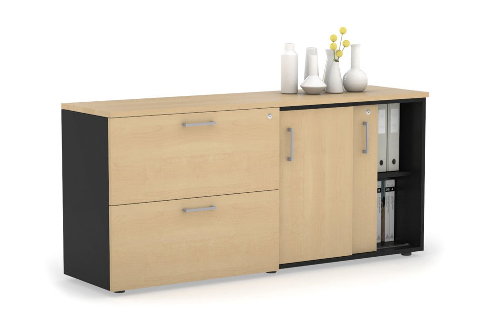 Uniform Sliding 2 Door Credenza and 2 Drawer Lateral File Unit-Black maple silver handle