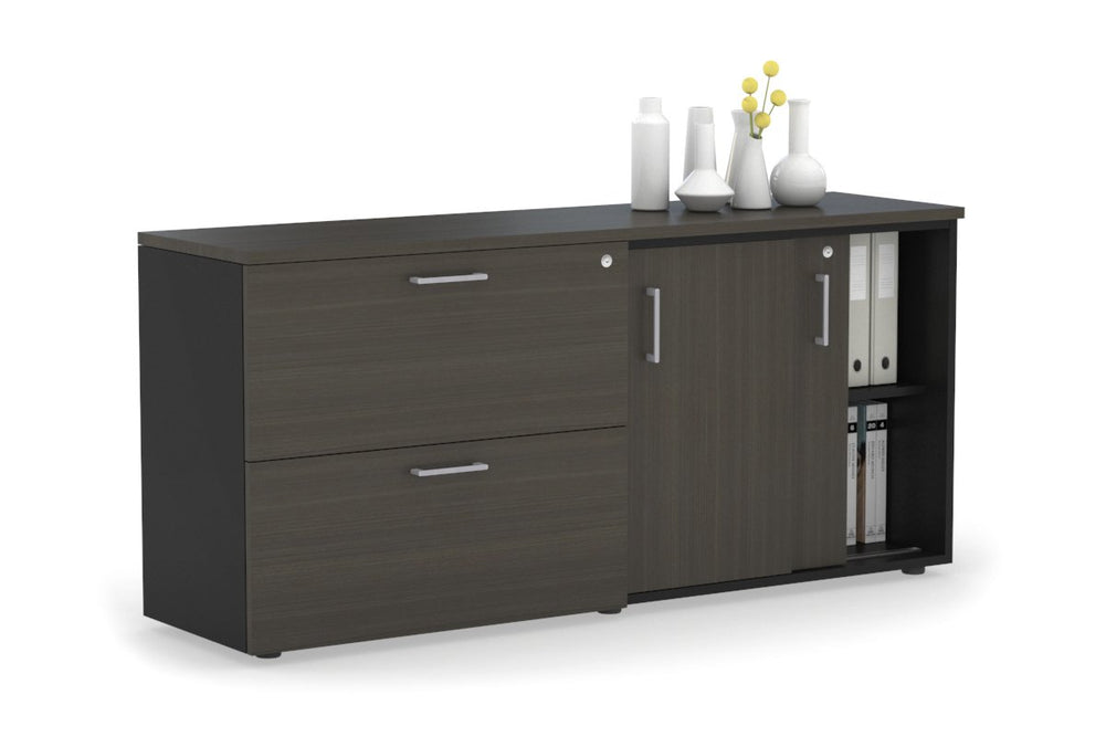 Uniform Sliding 2 Door Credenza and 2 Drawer Lateral File Unit-Black dark oak silver handle