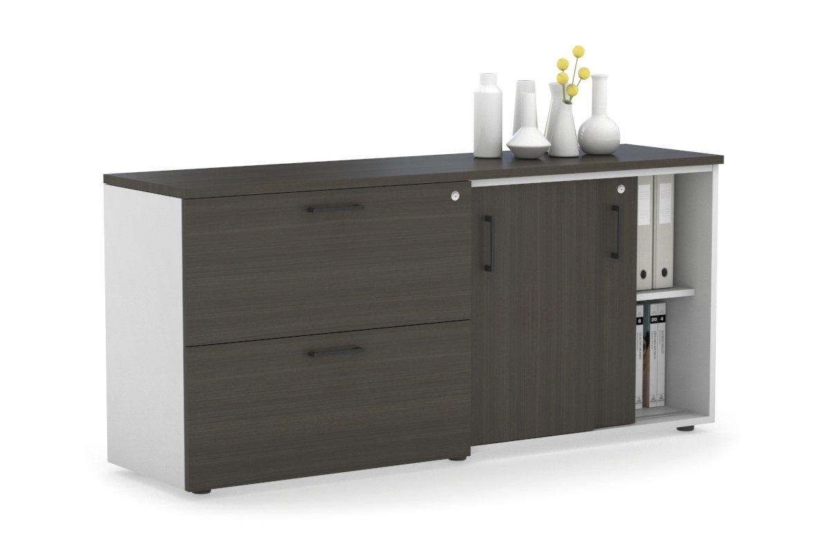 Uniform Sliding 2 Door Credenza and 2 Drawer Lateral File Unit Jasonl White dark oak black handle