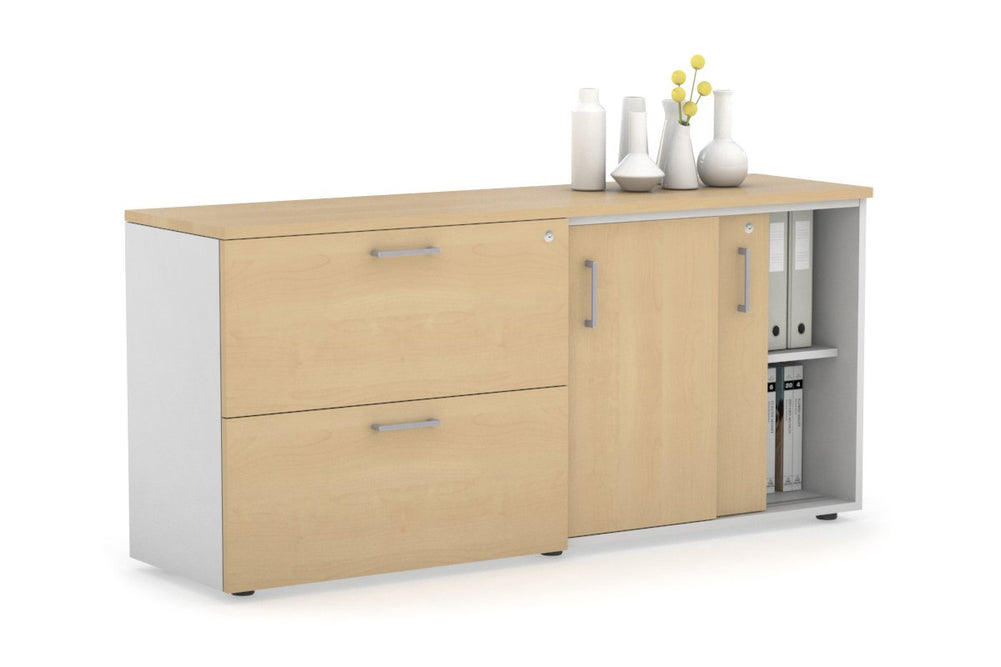 Uniform Sliding 2 Door Credenza and 2 Drawer Lateral File Unit-White maple silver handle