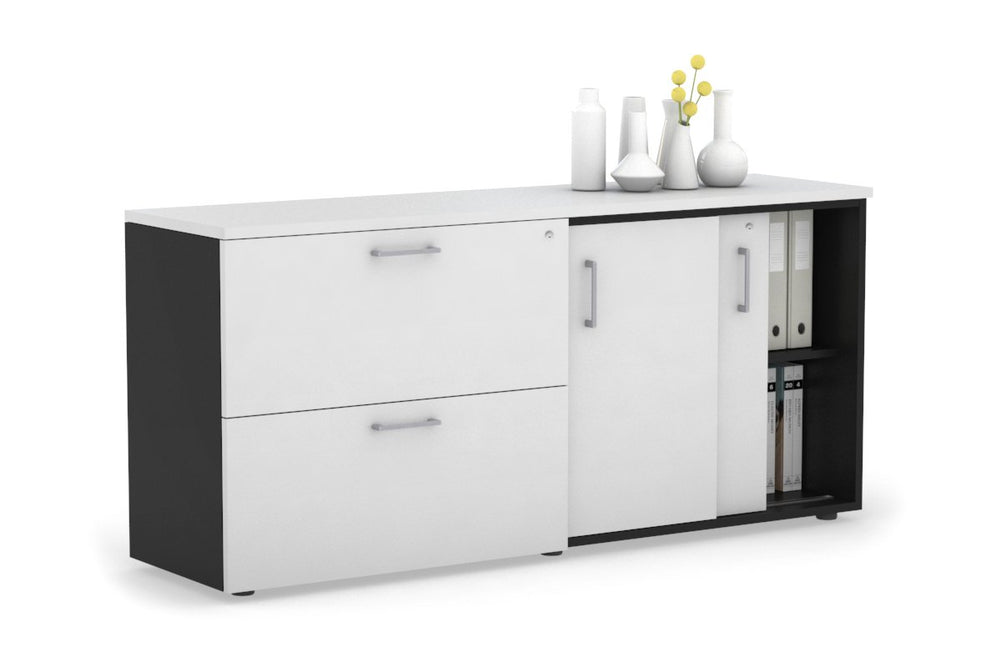 Uniform Sliding 2 Door Credenza and 2 Drawer Lateral File Unit-Black white silver handle