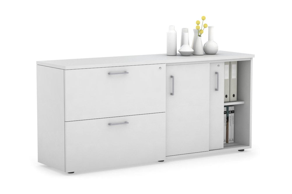 Uniform Sliding 2 Door Credenza and 2 Drawer Lateral File Unit-White white silver handle