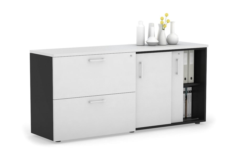 Uniform Sliding 2 Door Credenza and 2 Drawer Lateral File Unit-Black white white handle