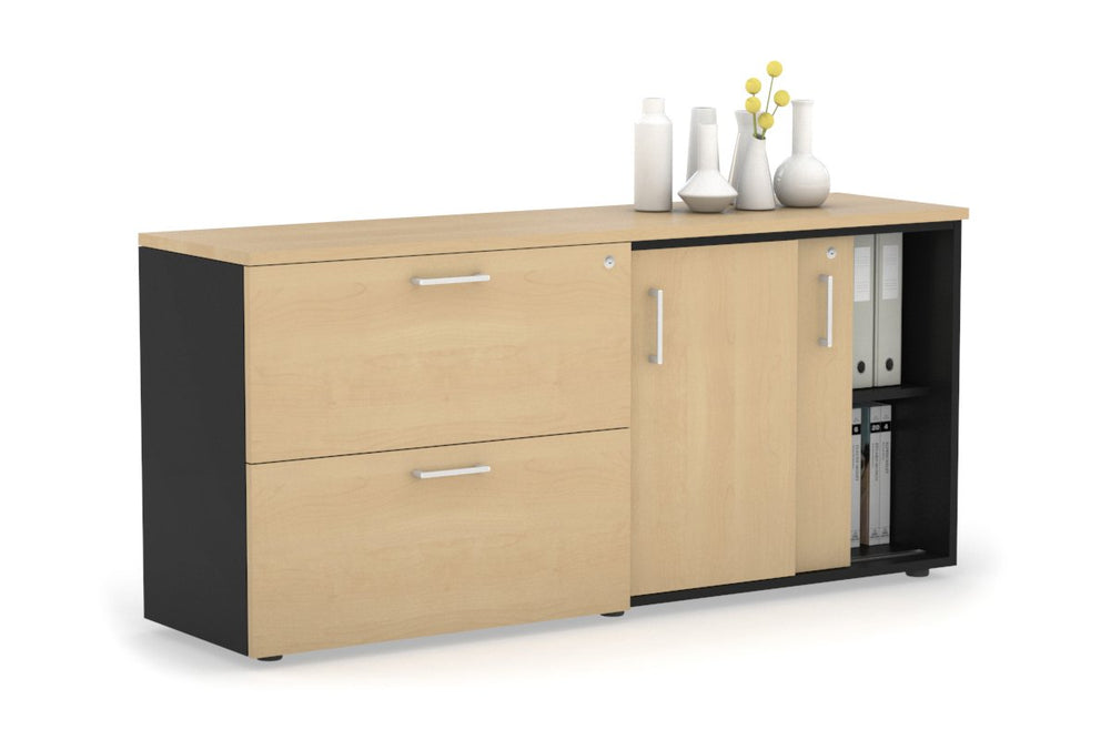 Uniform Sliding 2 Door Credenza and 2 Drawer Lateral File Unit-Black maple white handle