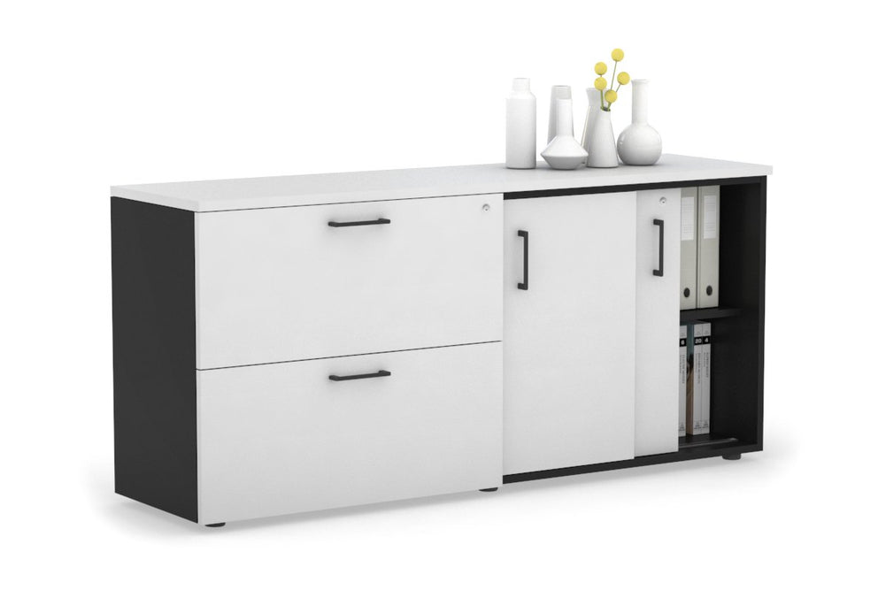 Uniform Sliding 2 Door Credenza and 2 Drawer Lateral File Unit-Black white black handle