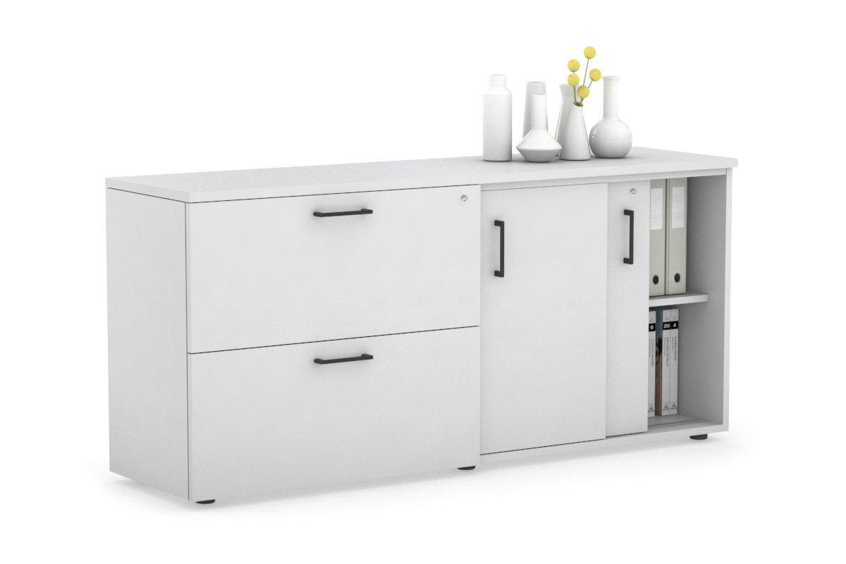 Uniform Sliding 2 Door Credenza and 2 Drawer Lateral File Unit Jasonl White white black handle