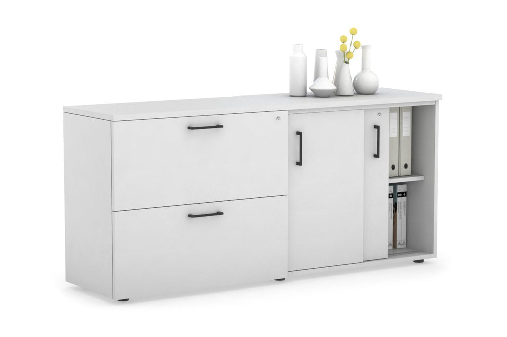 Uniform Sliding 2 Door Credenza and 2 Drawer Lateral File Unit-White white black handle