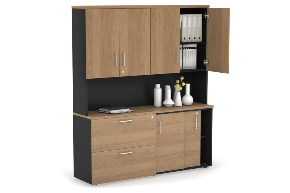 Uniform Sliding 2 Door Credenza and 2 Drawer Lateral File Unit - Hutch with Doors-Black salvage oak white handle