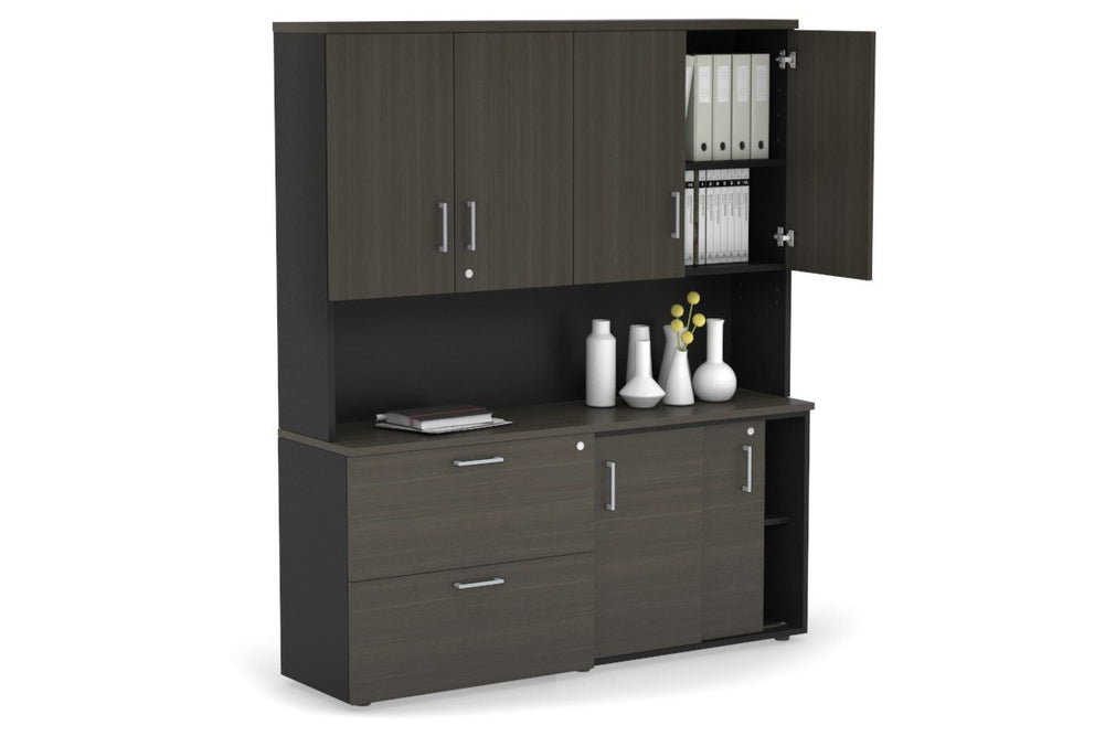 Uniform Sliding 2 Door Credenza and 2 Drawer Lateral File Unit - Hutch with Doors-Black dark oak silver handle