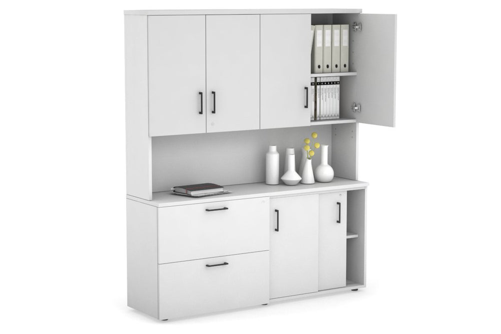 Uniform Sliding 2 Door Credenza and 2 Drawer Lateral File Unit - Hutch with Doors-White white black handle