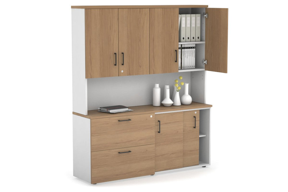 Uniform Sliding 2 Door Credenza and 2 Drawer Lateral File Unit - Hutch with Doors-White salvage oak black handle