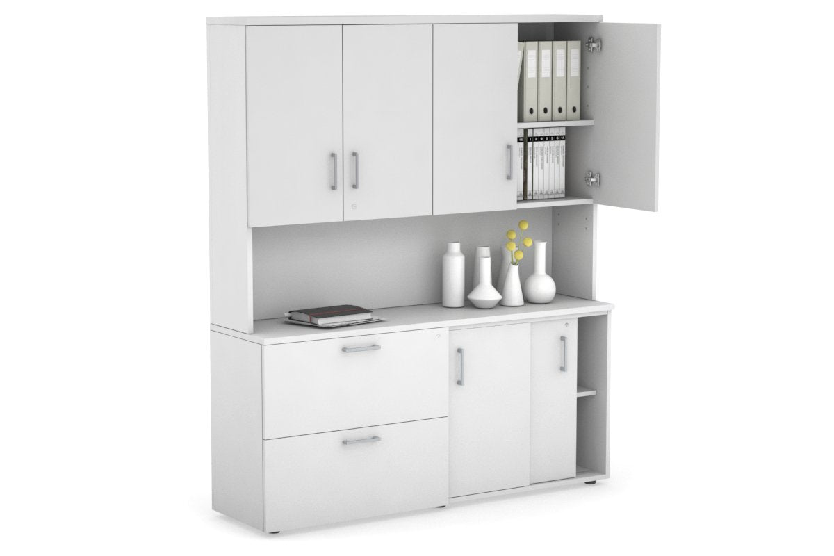 Uniform Sliding 2 Door Credenza and 2 Drawer Lateral File Unit - Hutch with Doors Jasonl White white silver handle
