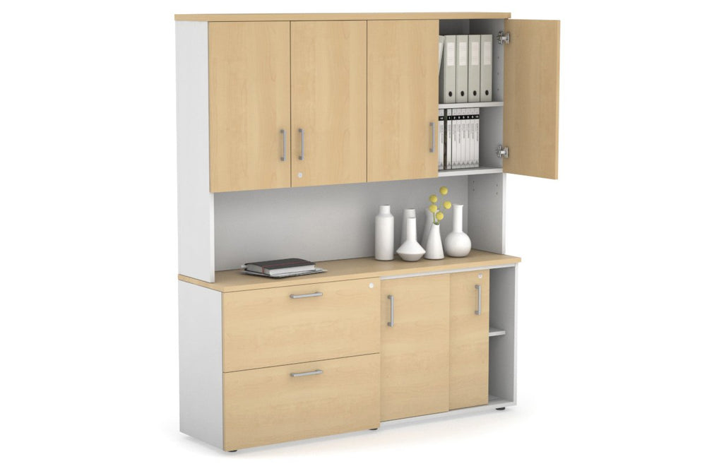 Uniform Sliding 2 Door Credenza and 2 Drawer Lateral File Unit - Hutch with Doors-White maple silver handle