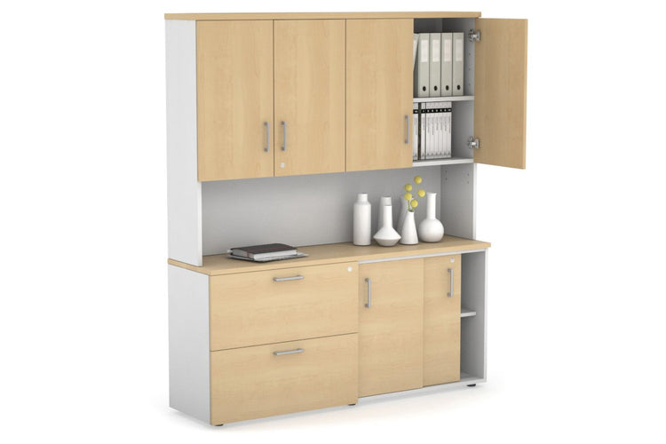 Uniform Sliding 2 Door Credenza and 2 Drawer Lateral File Unit - Hutch with Doors Jasonl White maple silver handle