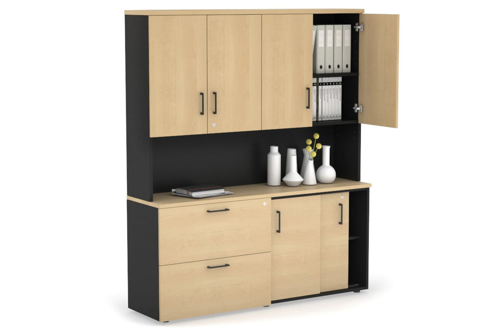Uniform Sliding 2 Door Credenza and 2 Drawer Lateral File Unit - Hutch with Doors-Black maple black handle