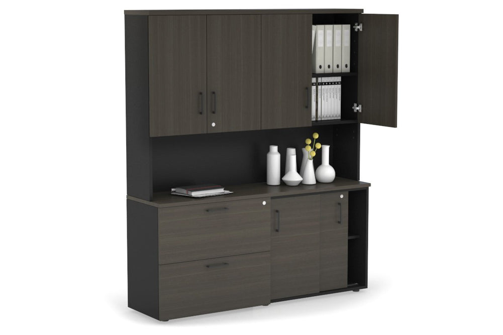 Uniform Sliding 2 Door Credenza and 2 Drawer Lateral File Unit - Hutch with Doors-Black dark oak black handle