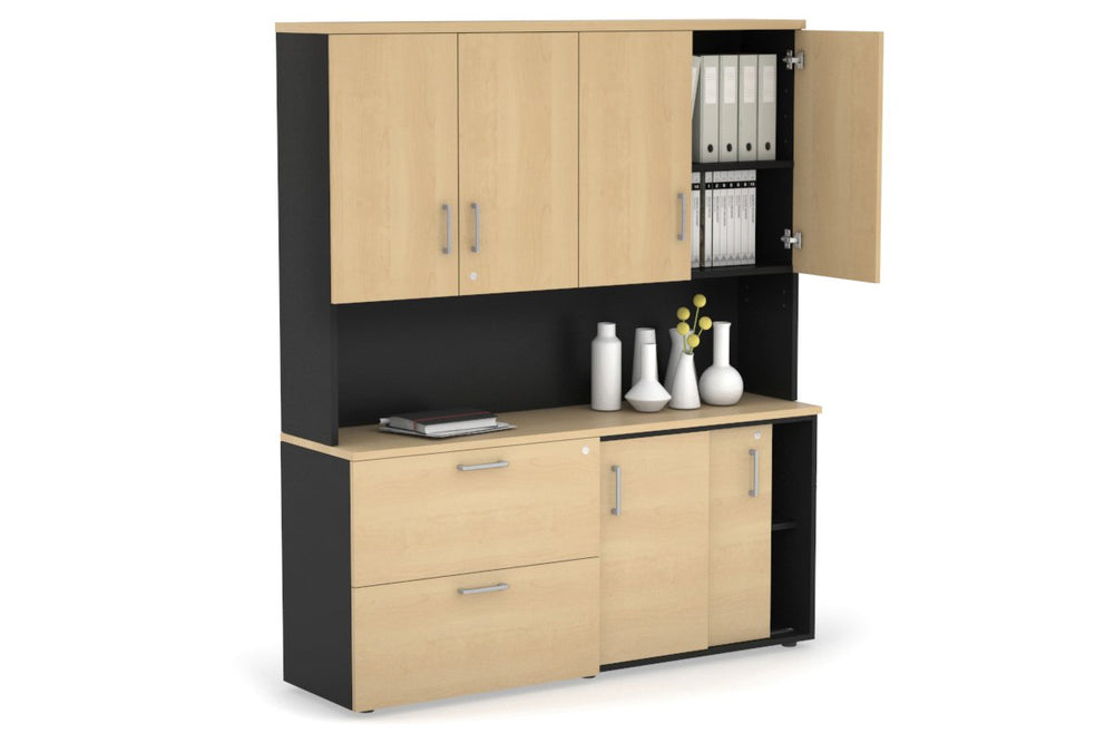 Uniform Sliding 2 Door Credenza and 2 Drawer Lateral File Unit - Hutch with Doors-Black maple silver handle