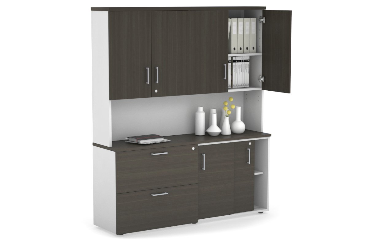Uniform Sliding 2 Door Credenza and 2 Drawer Lateral File Unit - Hutch with Doors Jasonl White dark oak silver handle