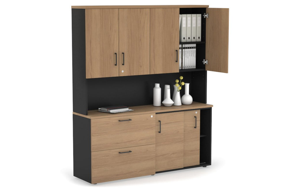 Uniform Sliding 2 Door Credenza and 2 Drawer Lateral File Unit - Hutch with Doors-Black salvage oak black handle
