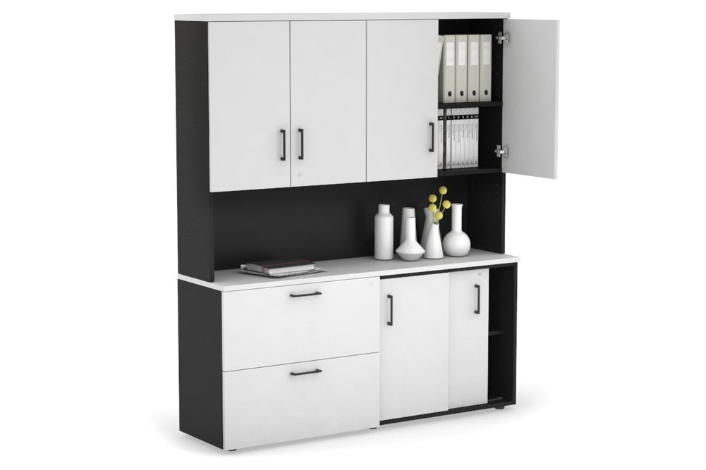 Uniform Sliding 2 Door Credenza and 2 Drawer Lateral File Unit - Hutch with Doors-Black white black handle