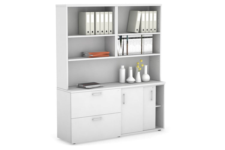 Uniform Sliding 2 Door Credenza and 2 Drawer Lateral File Unit with Open Hutch Jasonl White white white handle