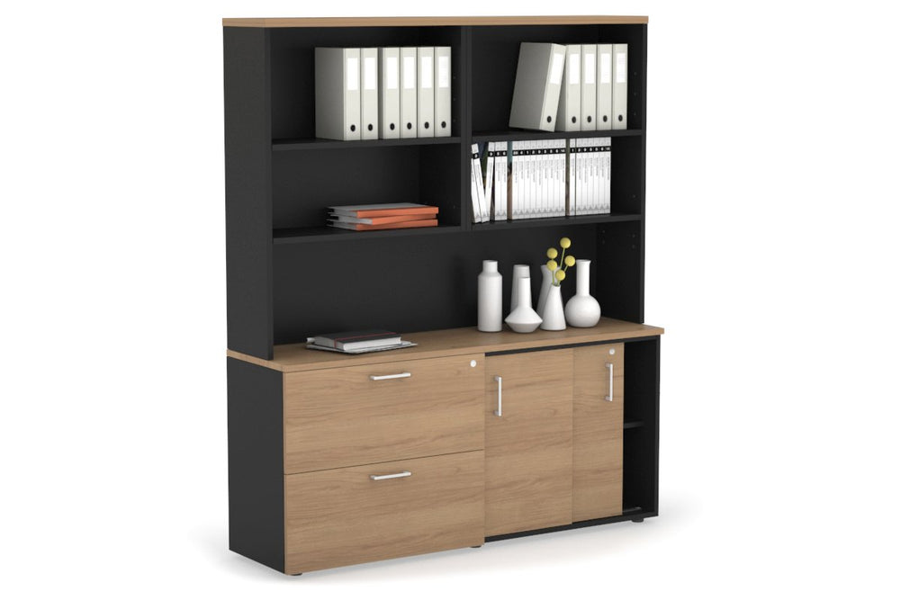 Uniform Sliding 2 Door Credenza and 2 Drawer Lateral File Unit with Open Hutch-Black salvage oak white handle