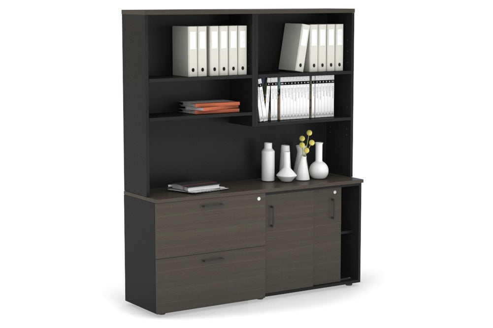Uniform Sliding 2 Door Credenza and 2 Drawer Lateral File Unit with Open Hutch-Black dark oak black handle