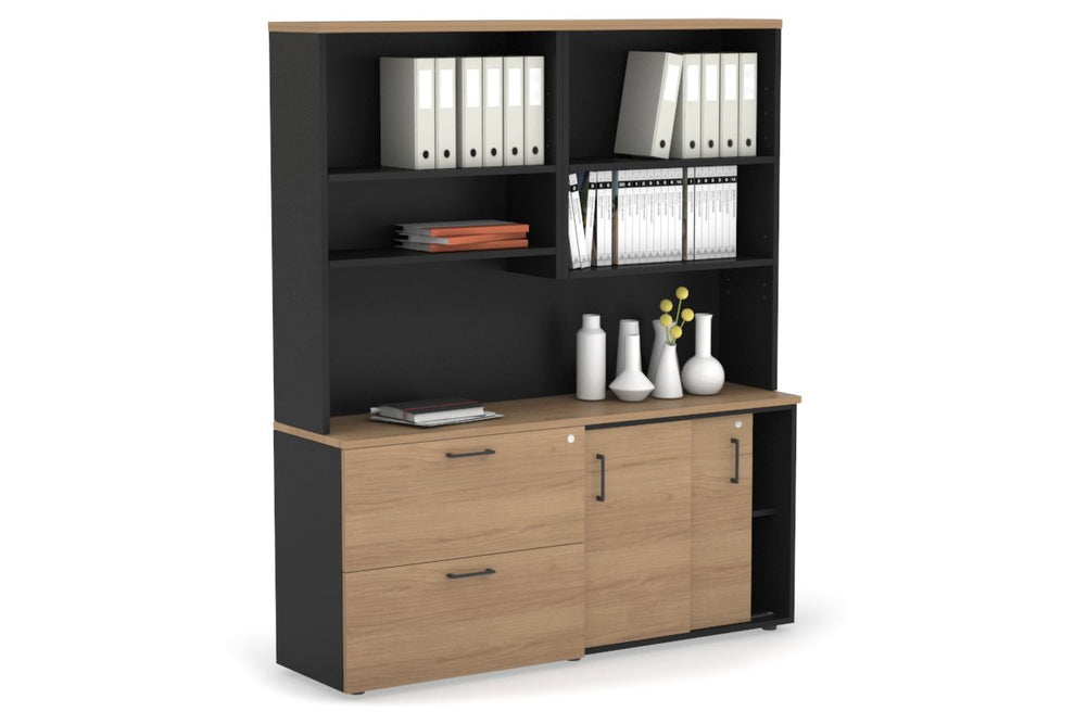 Uniform Sliding 2 Door Credenza and 2 Drawer Lateral File Unit with Open Hutch-Black dark oak black handle