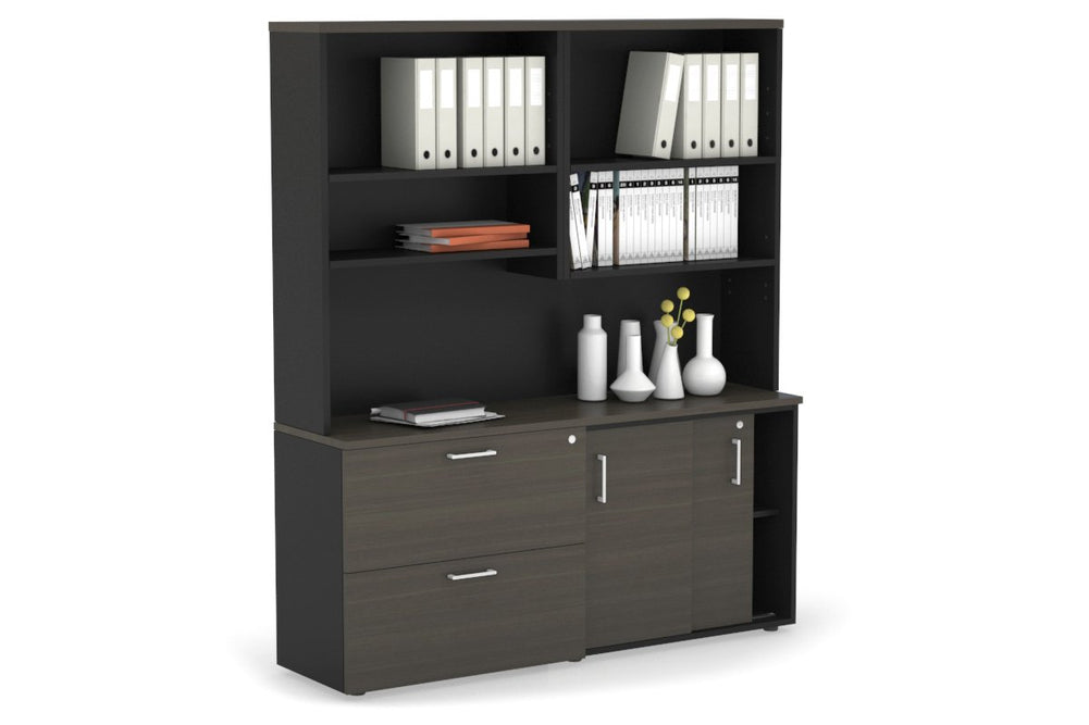 Uniform Sliding 2 Door Credenza and 2 Drawer Lateral File Unit with Open Hutch-Black dark oak black handle