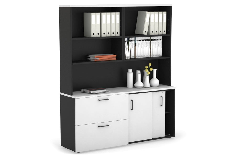 Uniform Sliding 2 Door Credenza and 2 Drawer Lateral File Unit with Open Hutch-Black white black handle