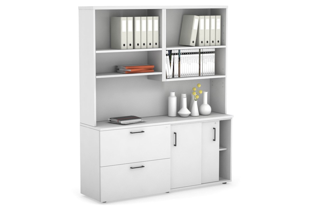 Uniform Sliding 2 Door Credenza and 2 Drawer Lateral File Unit with Open Hutch-Black dark oak black handle