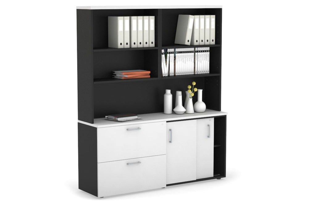 Uniform Sliding 2 Door Credenza and 2 Drawer Lateral File Unit with Open Hutch-Black white silver handle