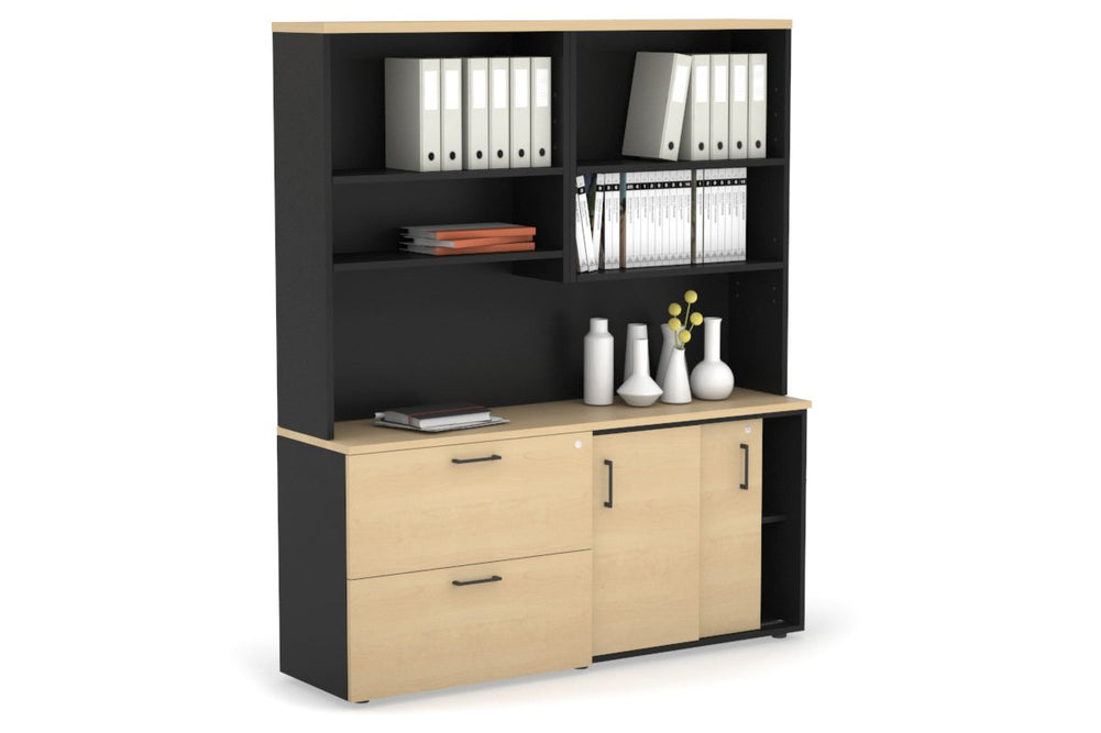 Uniform Sliding 2 Door Credenza and 2 Drawer Lateral File Unit with Open Hutch-Black dark oak black handle