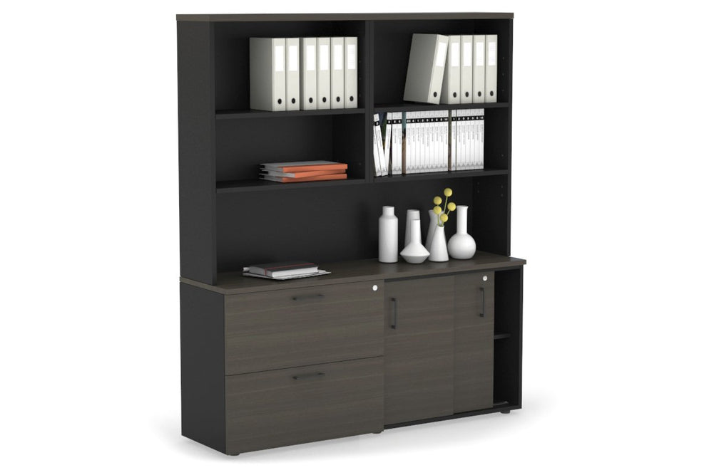 Uniform Sliding 2 Door Credenza and 2 Drawer Lateral File Unit with Open Hutch-Black dark oak black handle
