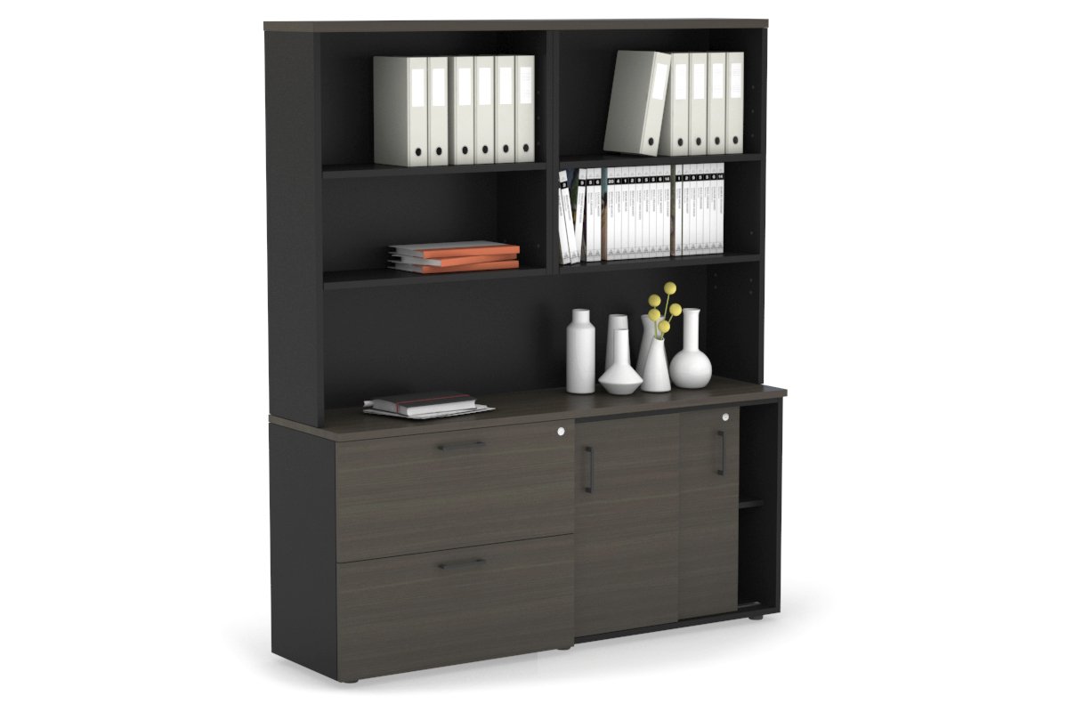 Uniform Sliding 2 Door Credenza and 2 Drawer Lateral File Unit with Open Hutch Jasonl Black dark oak black handle