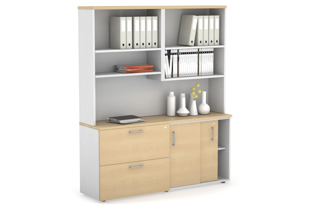 Uniform Sliding 2 Door Credenza and 2 Drawer Lateral File Unit with Open Hutch-Black dark oak black handle