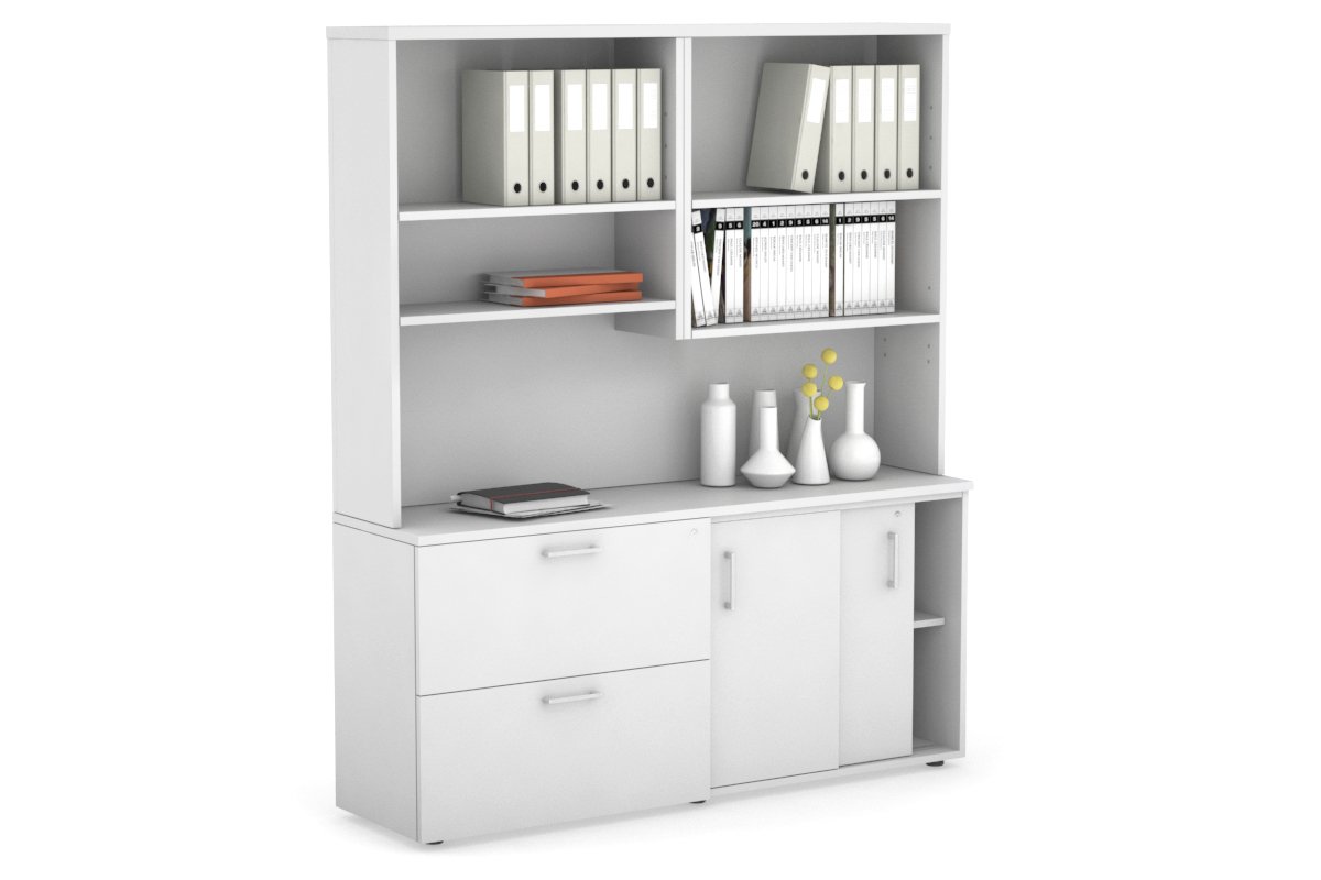 Uniform Sliding 2 Door Credenza and 2 Drawer Lateral File Unit with Open Hutch-Black dark oak black handle