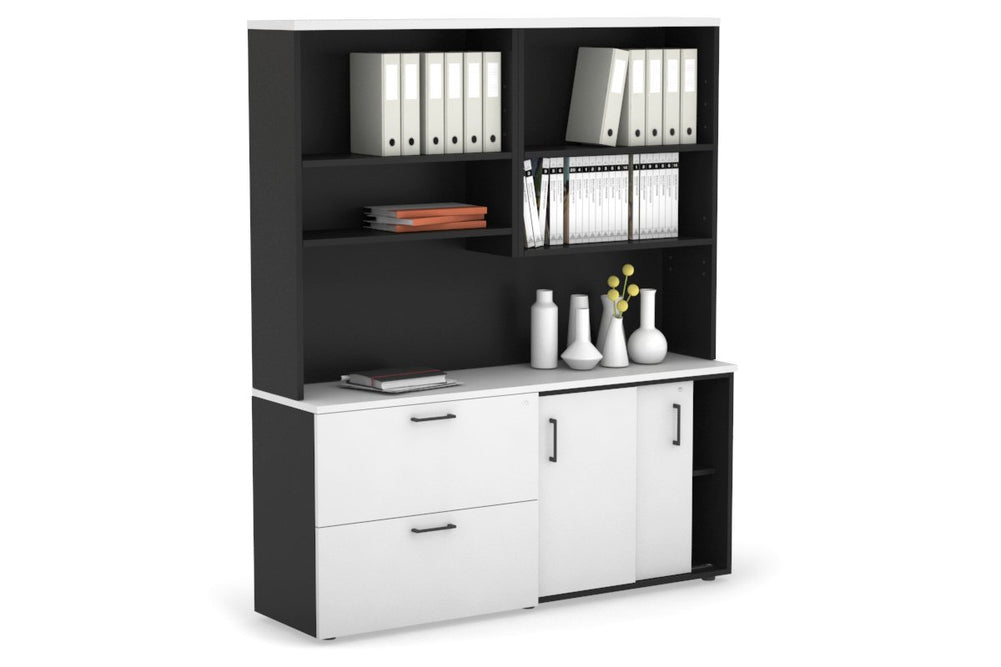 Uniform Sliding 2 Door Credenza and 2 Drawer Lateral File Unit with Open Hutch-Black dark oak black handle